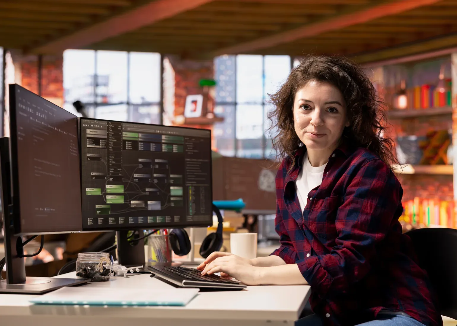 Woman working at a multi-monitor desk