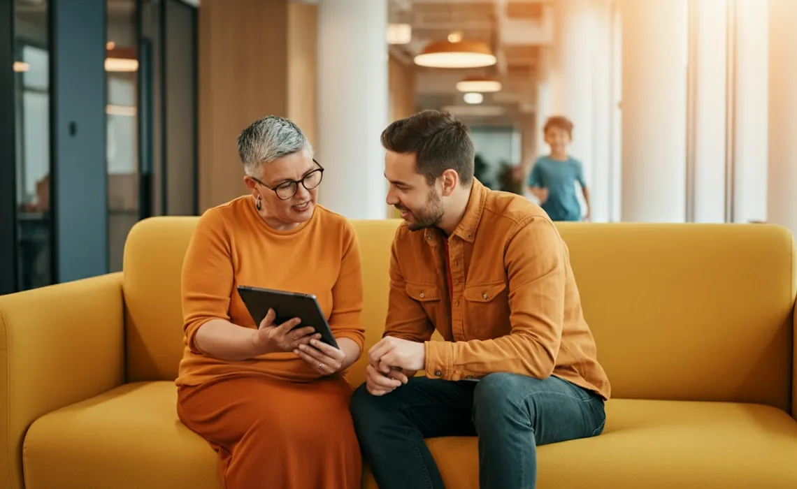 Two people sitting on a yellow sofa
