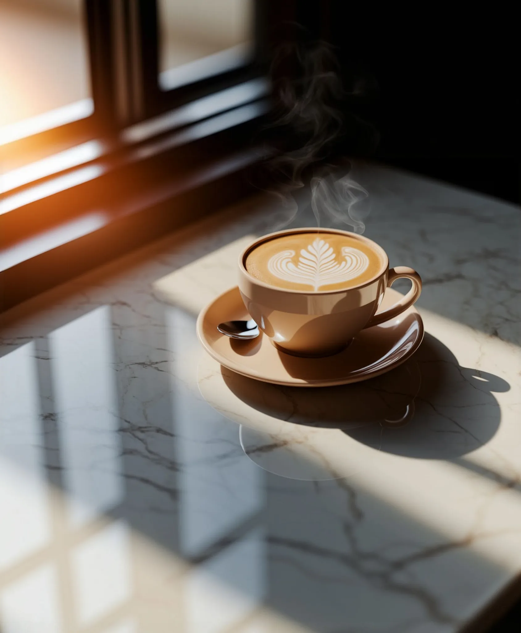 A latte resting on a marble counter in the studio