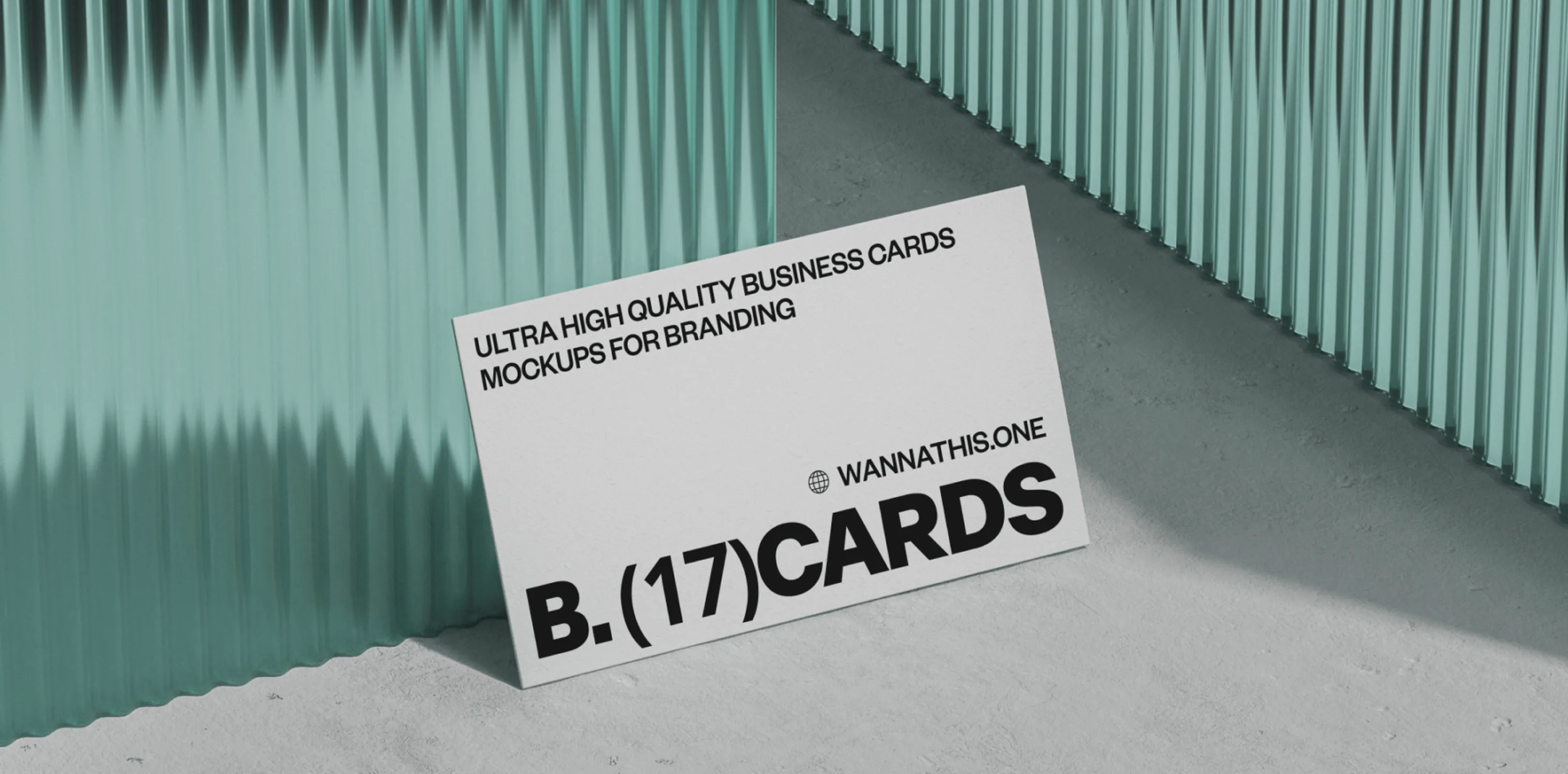 Business card mockup against a teal corrugated wall
