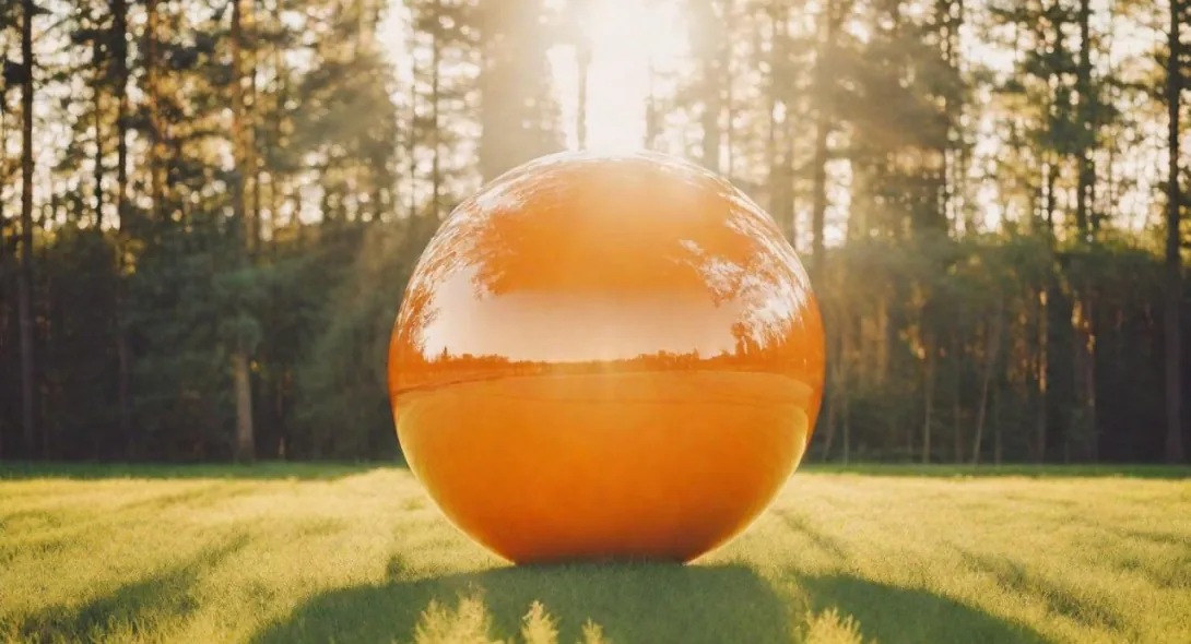 Glowing orange sphere in a sunlit forest clearing